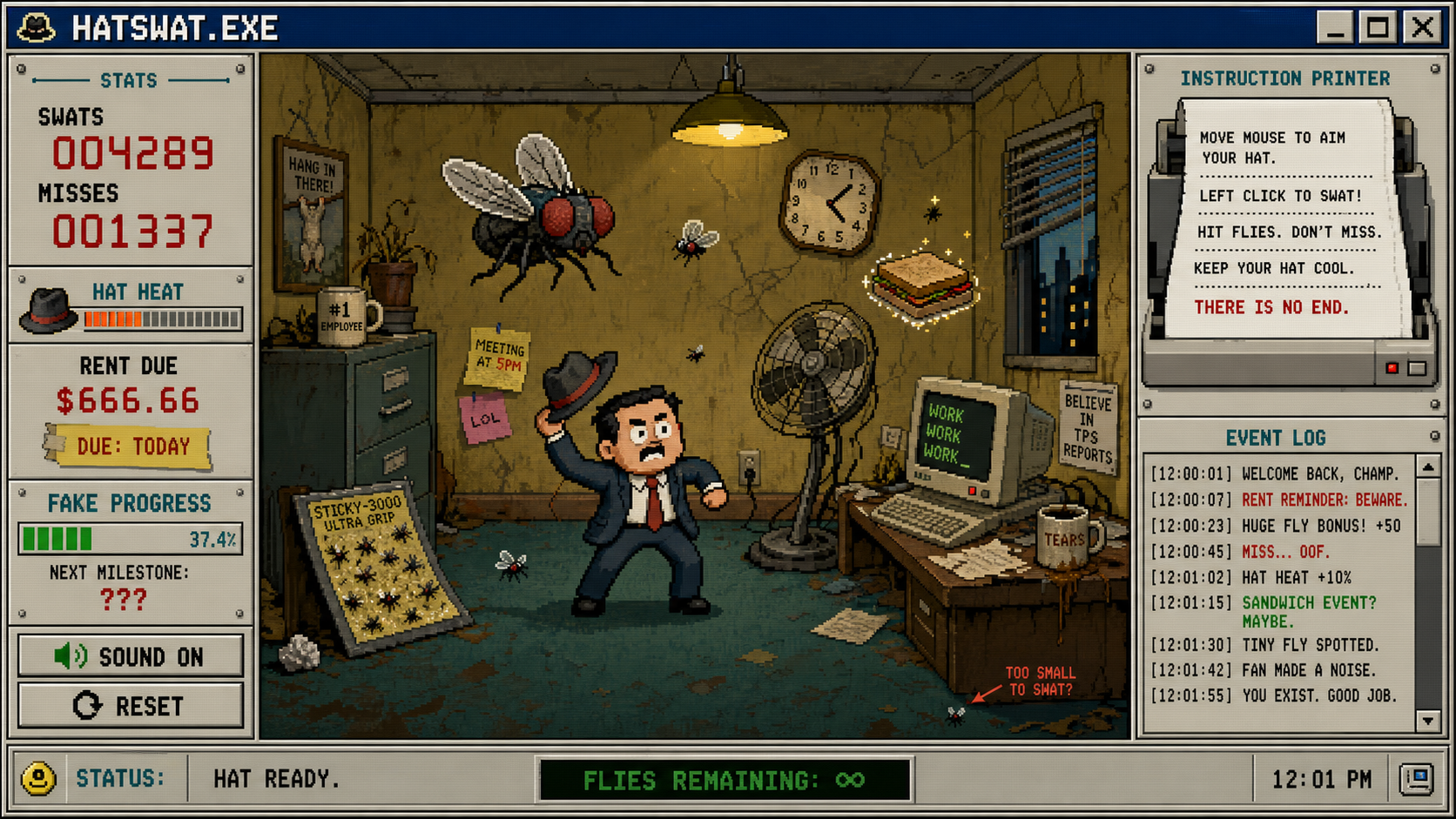 HATSWAT.exe gameplay: an office worker swatting a giant fly with a hat