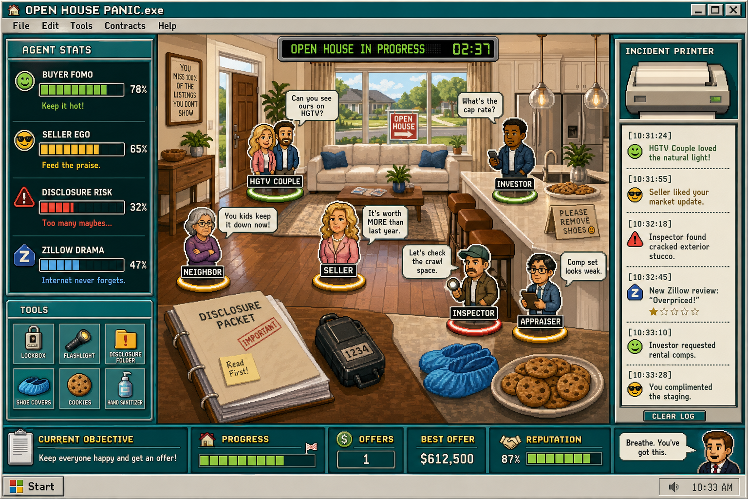 Open House Panic gameplay: a retro real-estate desktop full of buyers, meters, and cookies