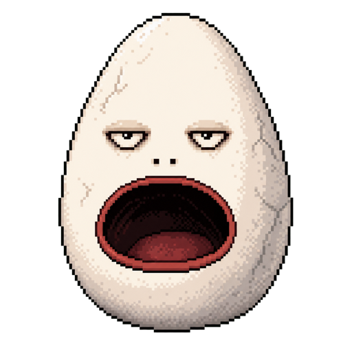 Yolk Around and Find Out: a large unimpressed egg with its mouth open, waiting to be fed
